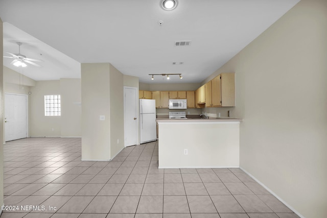 kitchen with white appliances, light brown cabinetry, kitchen peninsula, ceiling fan, and light tile patterned floors