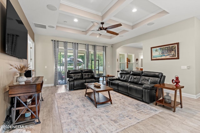 living room featuring beam ceiling, light hardwood / wood-style flooring, ceiling fan, and coffered ceiling