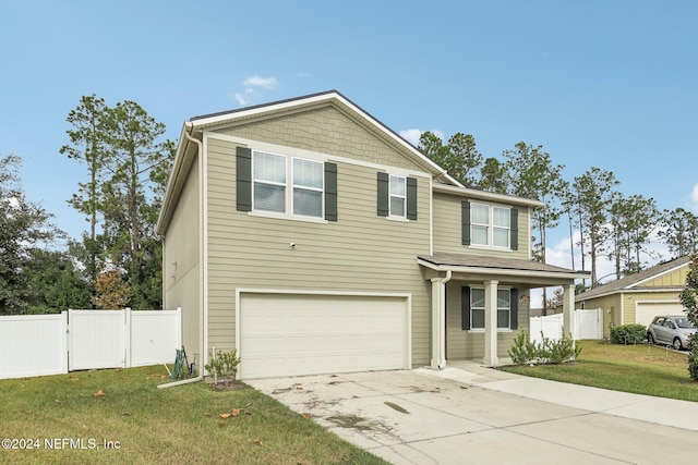 view of property featuring a front yard and a garage