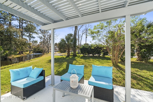 view of patio with a water view, an outdoor hangout area, and a pergola