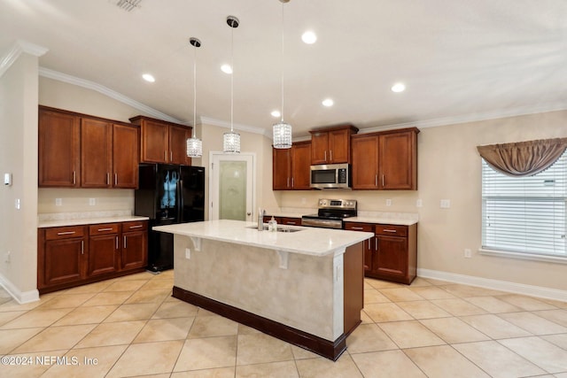 kitchen featuring appliances with stainless steel finishes, a breakfast bar, sink, a center island with sink, and hanging light fixtures