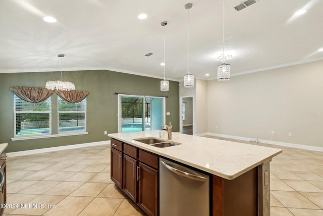 kitchen with stainless steel dishwasher, a healthy amount of sunlight, and hanging light fixtures