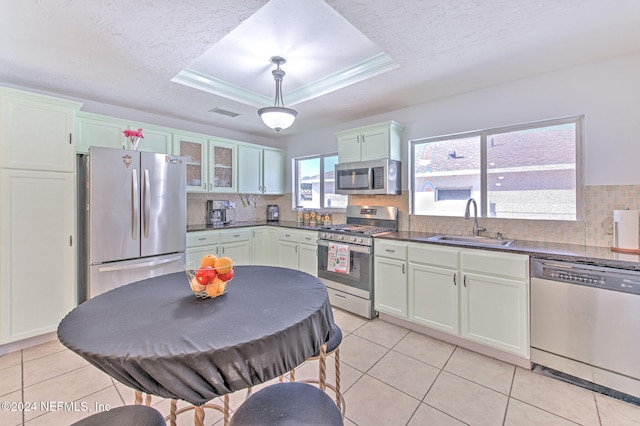 kitchen featuring decorative backsplash, appliances with stainless steel finishes, a raised ceiling, and sink