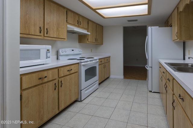 kitchen with sink, light tile patterned floors, and white appliances