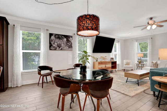 dining room featuring light hardwood / wood-style flooring, plenty of natural light, crown molding, and ceiling fan