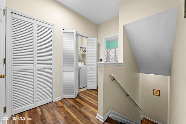 9782 Summer Grove Way W, Jacksonville, FL 32257 - hallway with an upstairs landing, washer / dryer, and wood finished floors