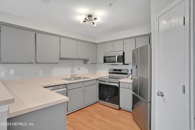 kitchen featuring kitchen peninsula, stainless steel appliances, light hardwood / wood-style floors, sink, and gray cabinets