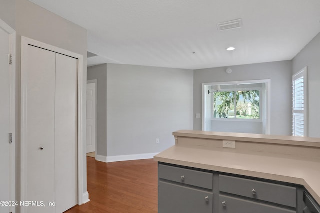 kitchen with dark wood-type flooring and gray cabinets