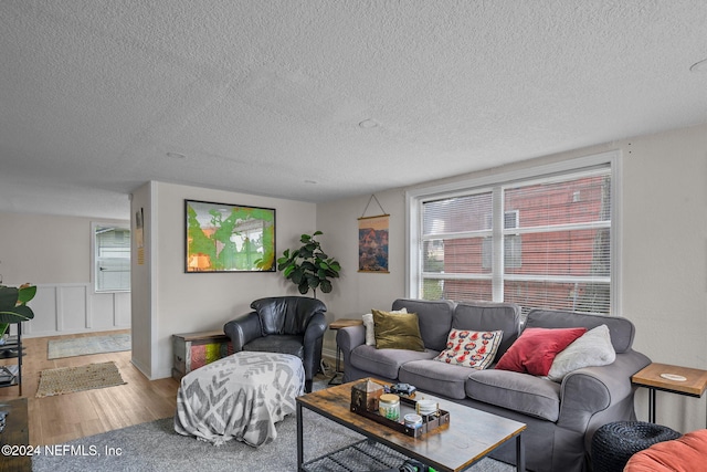 living room featuring a textured ceiling and hardwood / wood-style flooring