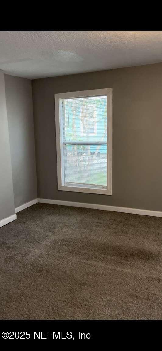 empty room featuring carpet floors, baseboards, and a textured ceiling