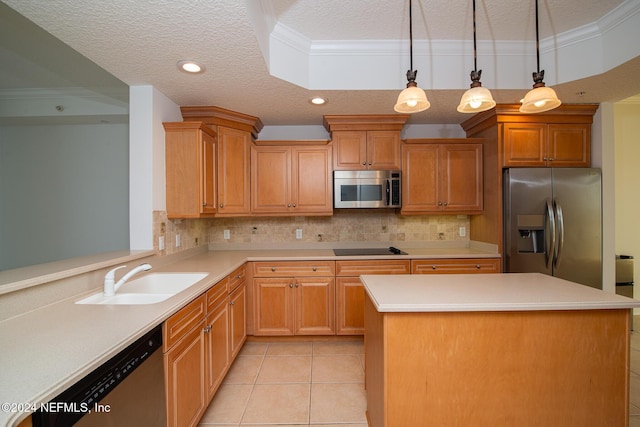 kitchen with a textured ceiling, sink, ornamental molding, and stainless steel appliances