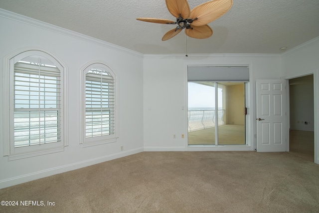 empty room featuring ceiling fan, crown molding, carpet floors, and a textured ceiling