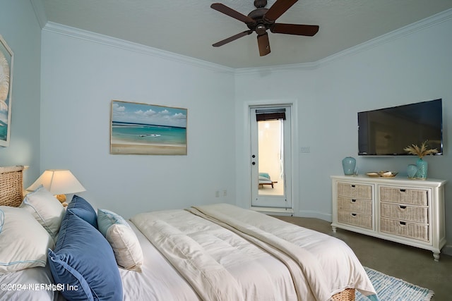 bedroom with ceiling fan, crown molding, a textured ceiling, and dark colored carpet