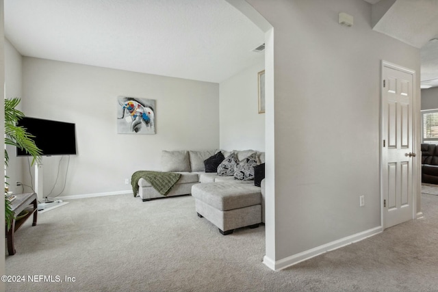 living area featuring light colored carpet