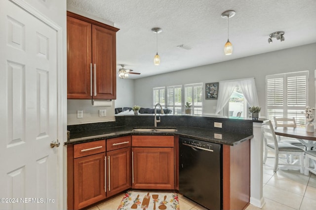 kitchen with sink, kitchen peninsula, black dishwasher, and hanging light fixtures