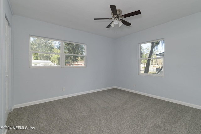 empty room with ceiling fan, carpet floors, and a wealth of natural light