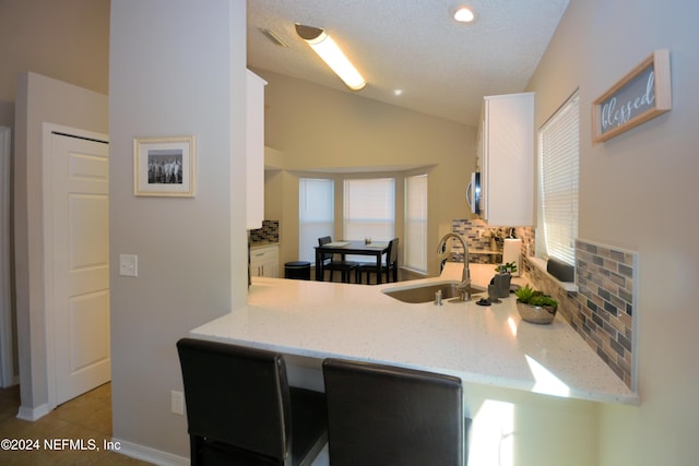 kitchen with tasteful backsplash, vaulted ceiling, a wealth of natural light, and sink