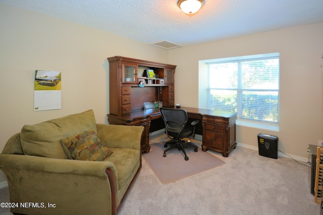 carpeted office with a textured ceiling