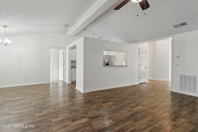 unfurnished living room with ceiling fan with notable chandelier, a textured ceiling, vaulted ceiling with beams, and dark wood-type flooring