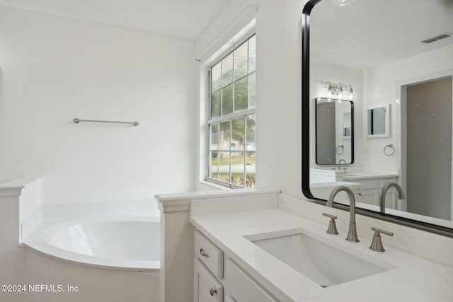 bathroom with a tub, vanity, a healthy amount of sunlight, and a textured ceiling