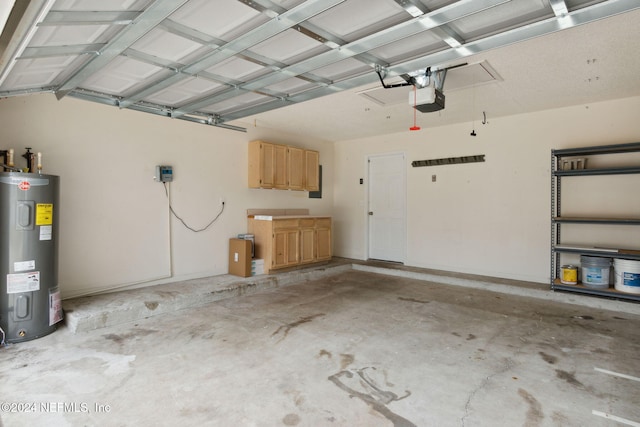 garage with a garage door opener and water heater