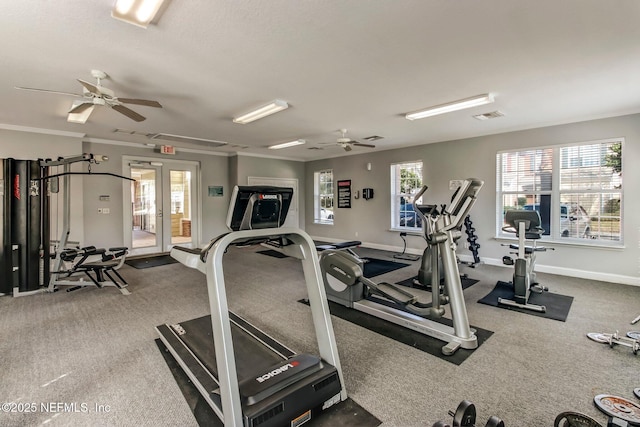 workout area with french doors, ceiling fan, and carpet flooring