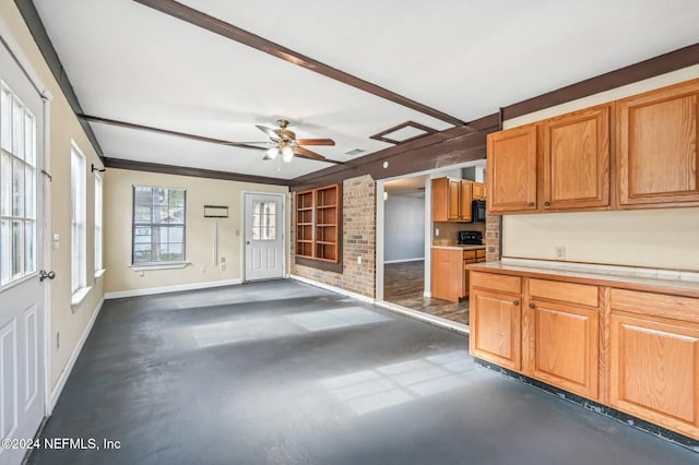 kitchen with built in shelves and ceiling fan