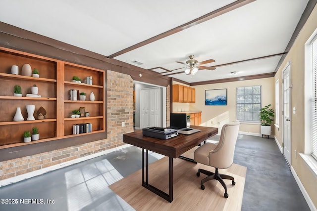 office with built in features and ceiling fan