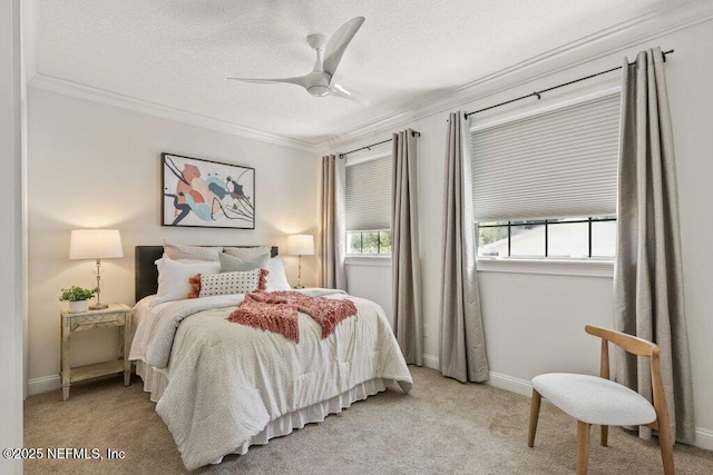 bedroom featuring a textured ceiling, ornamental molding, baseboards, and light colored carpet