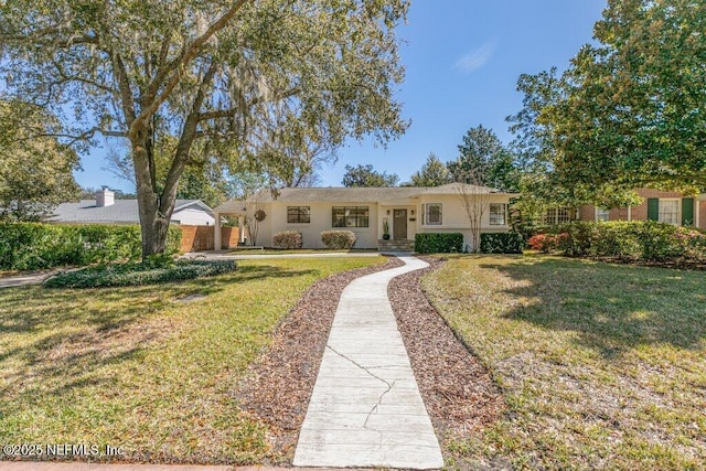 single story home featuring a front lawn and stucco siding