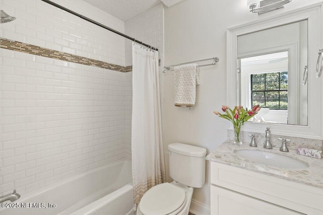 full bathroom with toilet, shower / bathtub combination with curtain, a textured ceiling, and vanity