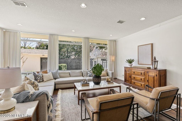 living area featuring ornamental molding, wood finished floors, and visible vents