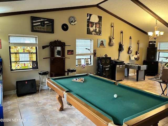 rec room featuring tile patterned flooring, billiards, a chandelier, a textured ceiling, and vaulted ceiling