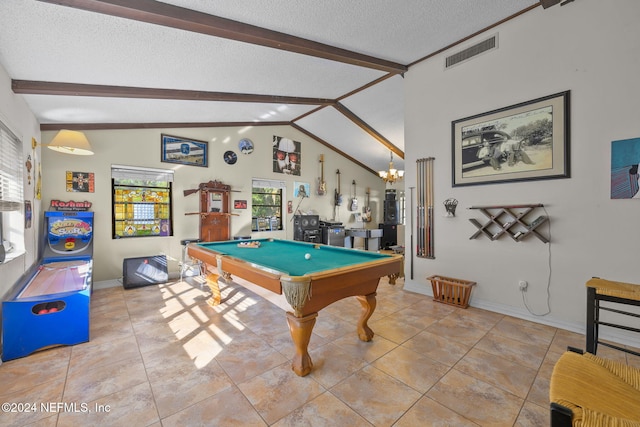 recreation room featuring a textured ceiling, lofted ceiling with beams, plenty of natural light, and pool table