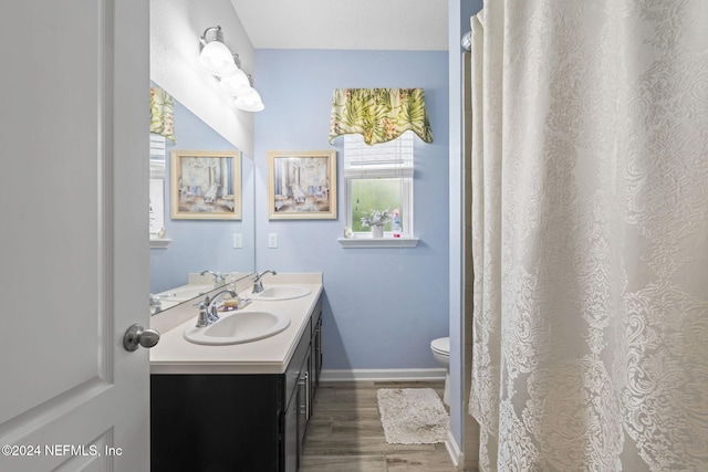 bathroom featuring vanity, toilet, and hardwood / wood-style floors