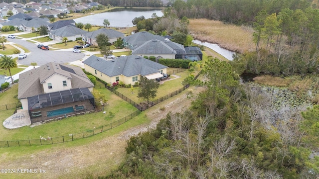 drone / aerial view featuring a water view