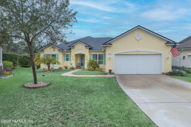 single story home featuring a garage and a front lawn