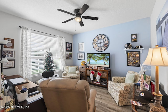 living room featuring light hardwood / wood-style floors, a textured ceiling, and ceiling fan