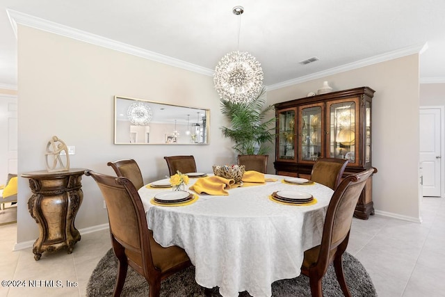 dining space featuring light tile patterned floors, ornamental molding, and a notable chandelier