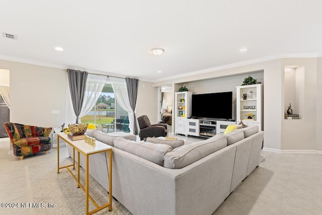 tiled living room featuring crown molding