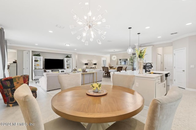 tiled dining room featuring a notable chandelier, sink, and crown molding