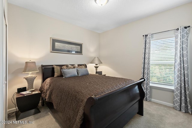 bedroom with light carpet