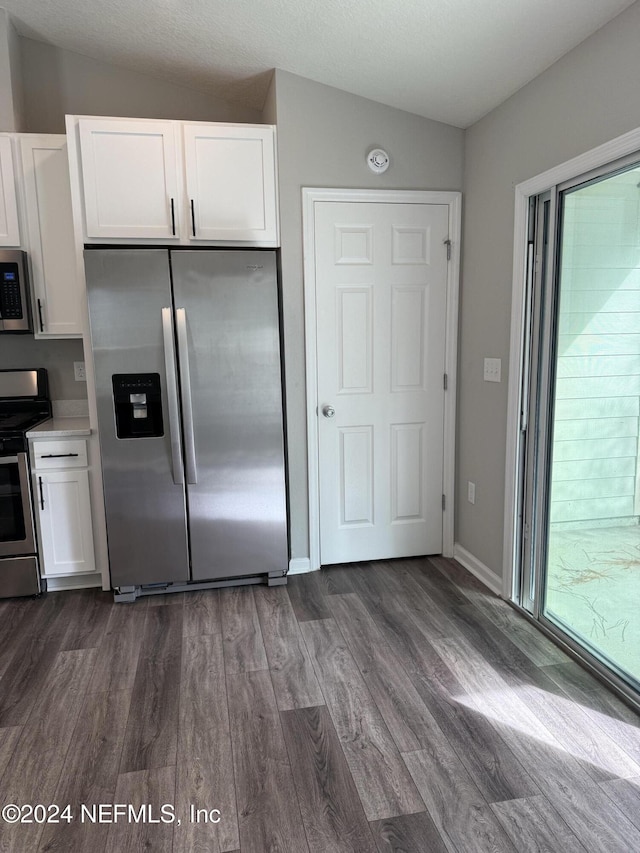 kitchen with white cabinetry, lofted ceiling, and stainless steel appliances