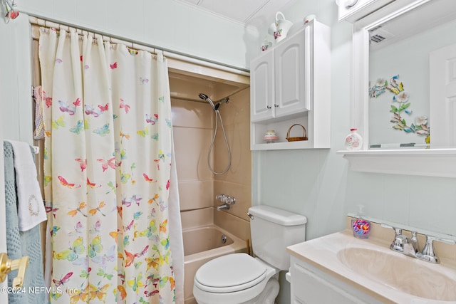 full bathroom featuring toilet, vanity, shower / tub combo with curtain, and ornamental molding