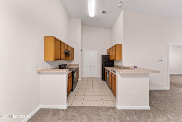 kitchen with light carpet, high vaulted ceiling, black appliances, sink, and a textured ceiling