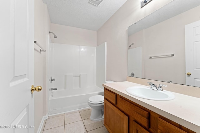 full bathroom featuring vanity, shower / tub combination, tile patterned flooring, toilet, and a textured ceiling