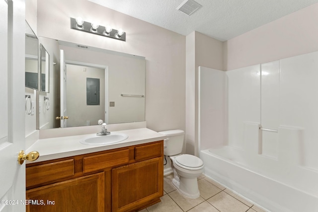 full bathroom featuring vanity, electric panel, tile patterned floors, toilet, and a textured ceiling