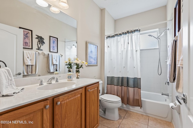 full bath featuring tile patterned flooring, shower / bathtub combination with curtain, toilet, and vanity