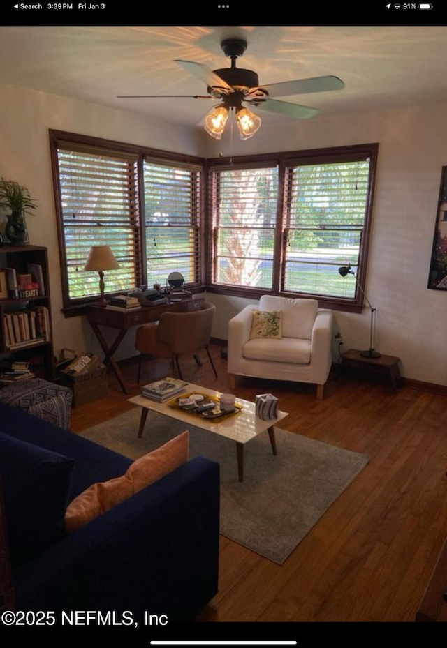 living room featuring ceiling fan and hardwood / wood-style floors