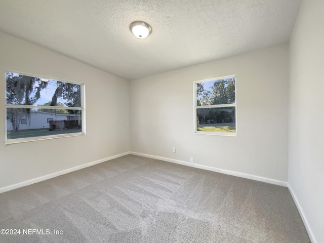 carpeted empty room featuring a textured ceiling